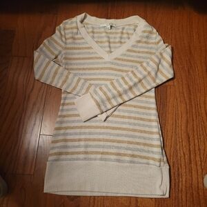 Vintage Y2k Forever 21 Silver and Gold Metallic Striped V-Neck Sweater